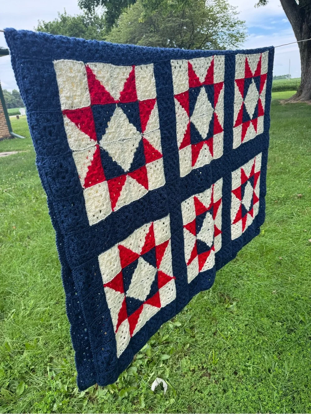 Patriotic Crochet Afghan Quilt 46”x66” Granny Square July 4th Red White Blue